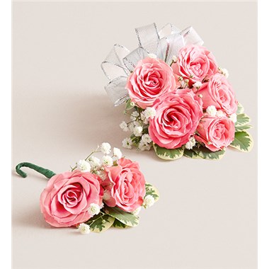 Pink Spray Corsage & Bout-Silver Bow