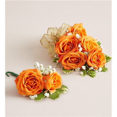 Orange Spray Corsage & Bout -Gold Bow